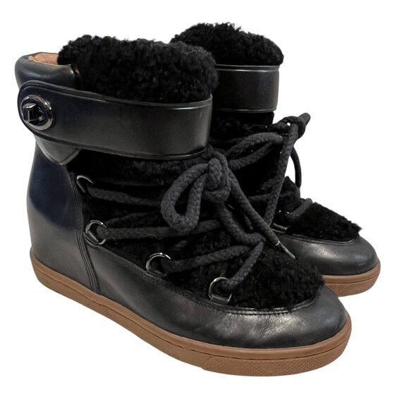 Coach wedge boots Monroe Shearling size 8 black leather high heel booties - Picture 1 of 16